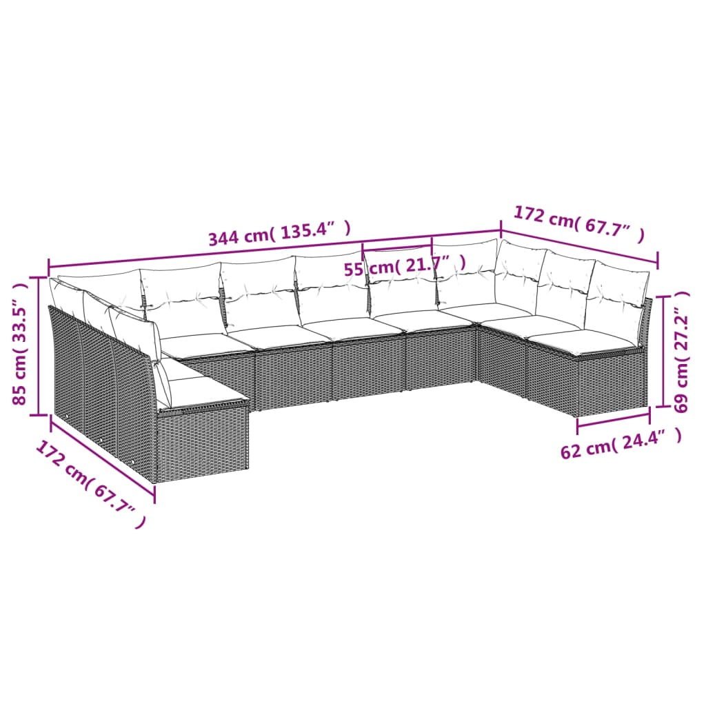 10 Pcs conjunto de sofás p/ jardim com almofadões vime PE bege