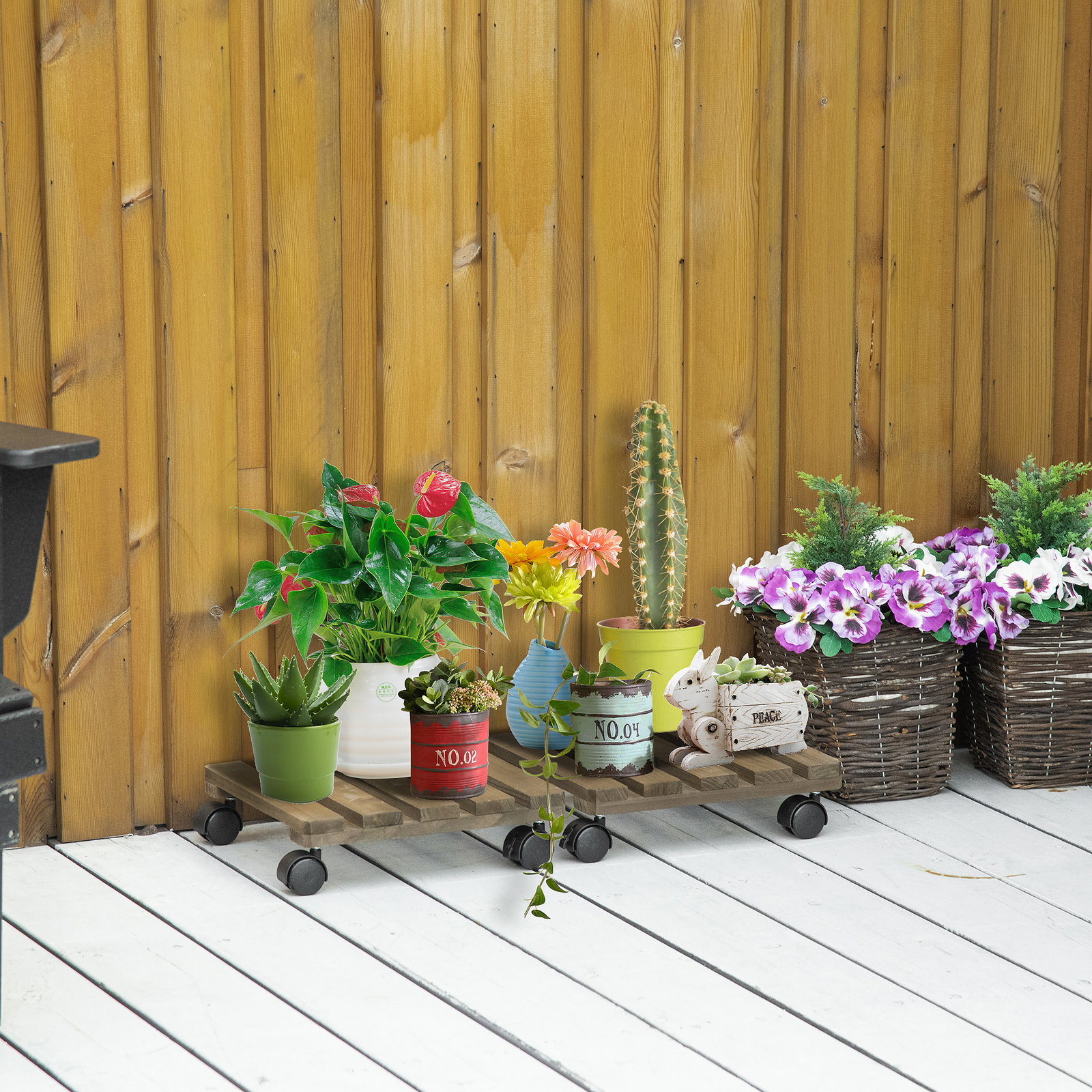 Conjunto de 2 Suportes de Madeira com Rodas para Plantas Vasos de Interior e Exterior Carga 50 kg Castanho Escuro