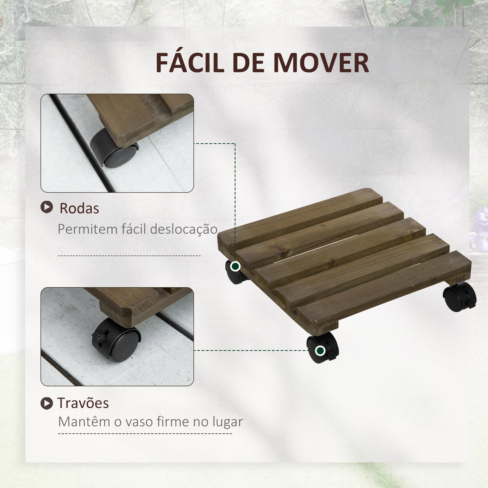 Conjunto de 2 Suportes de Madeira com Rodas para Plantas Vasos de Interior e Exterior Carga 50 kg Castanho Escuro