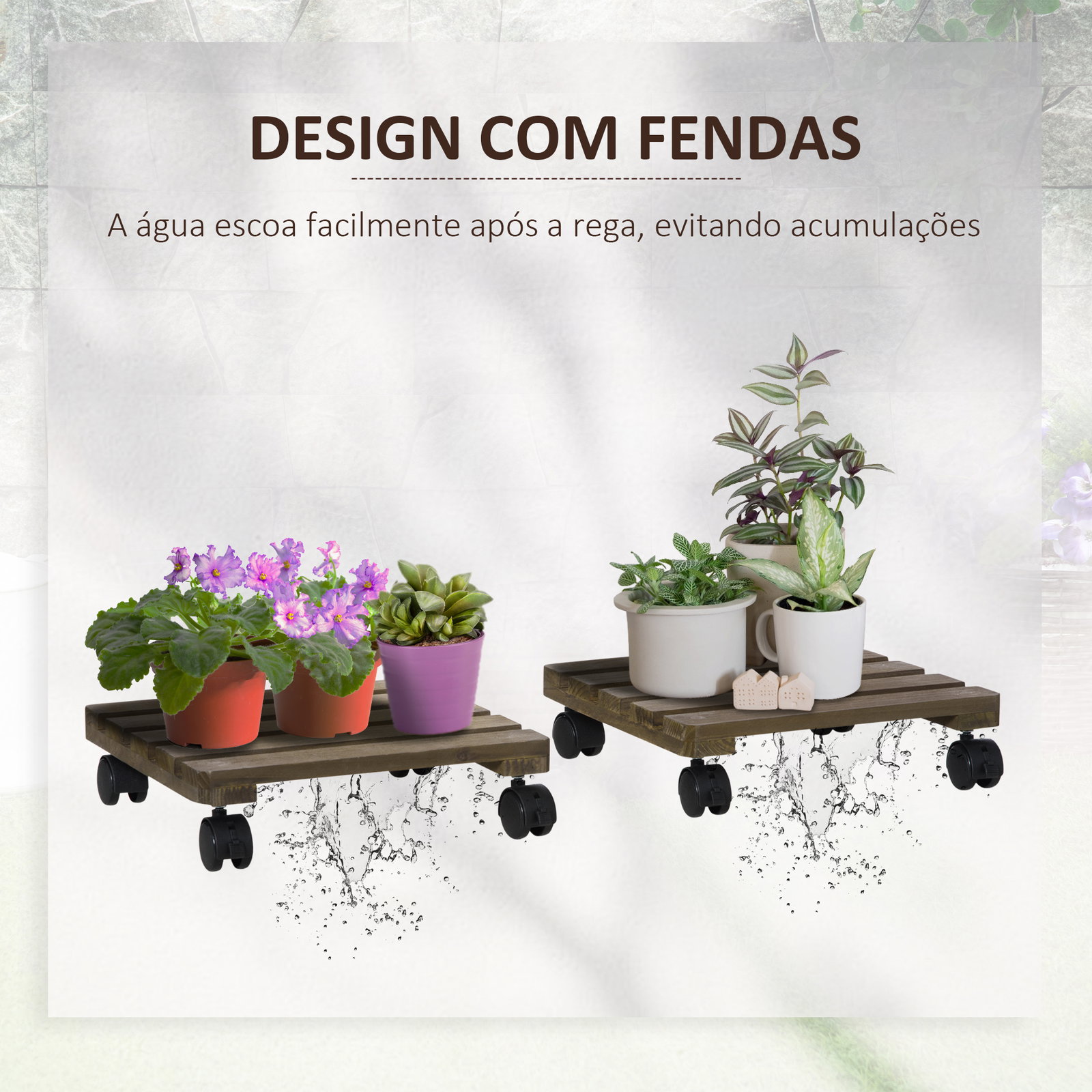 Conjunto de 2 Suportes de Madeira com Rodas para Plantas Vasos de Interior e Exterior Carga 50 kg Castanho Escuro