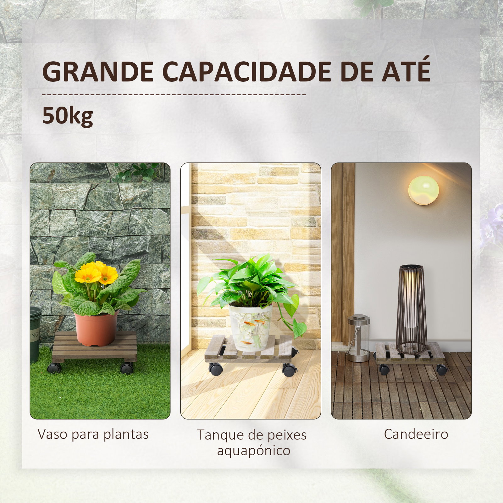 Conjunto de 2 Suportes de Madeira com Rodas para Plantas Vasos de Interior e Exterior Carga 50 kg Castanho Escuro