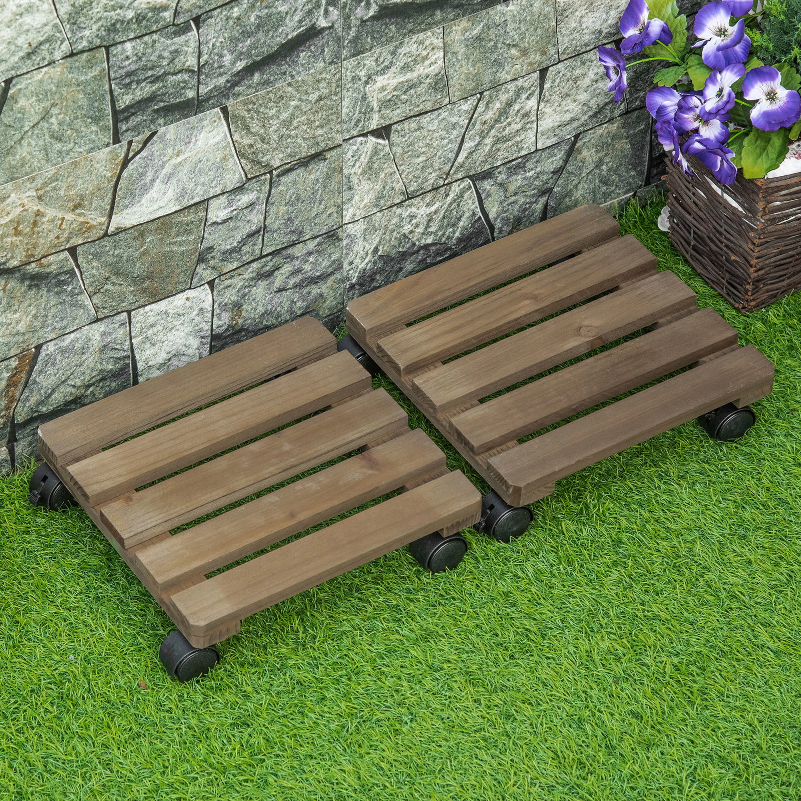 Conjunto de 2 Suportes de Madeira com Rodas para Plantas Vasos de Interior e Exterior Carga 50 kg Castanho Escuro