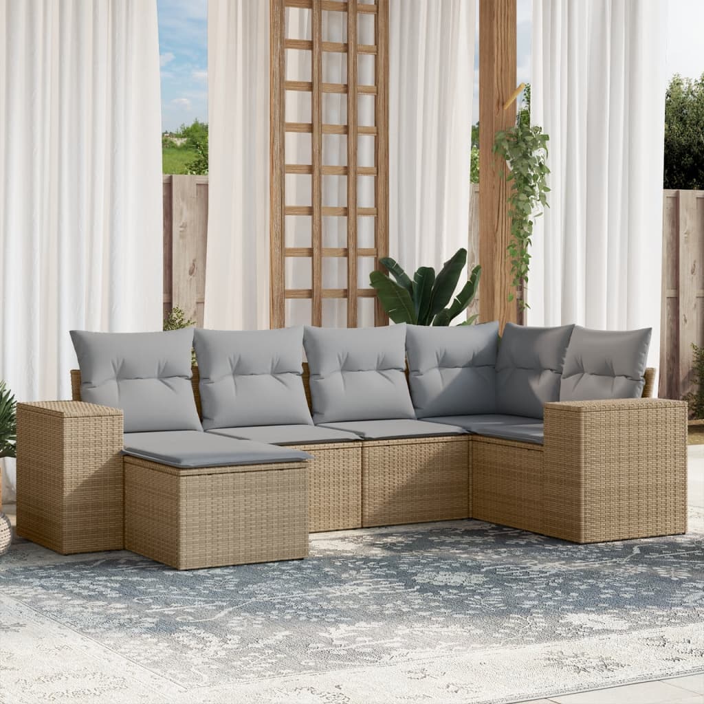 6 Pcs conjunto de sofás p/ jardim com almofadões vime PE bege