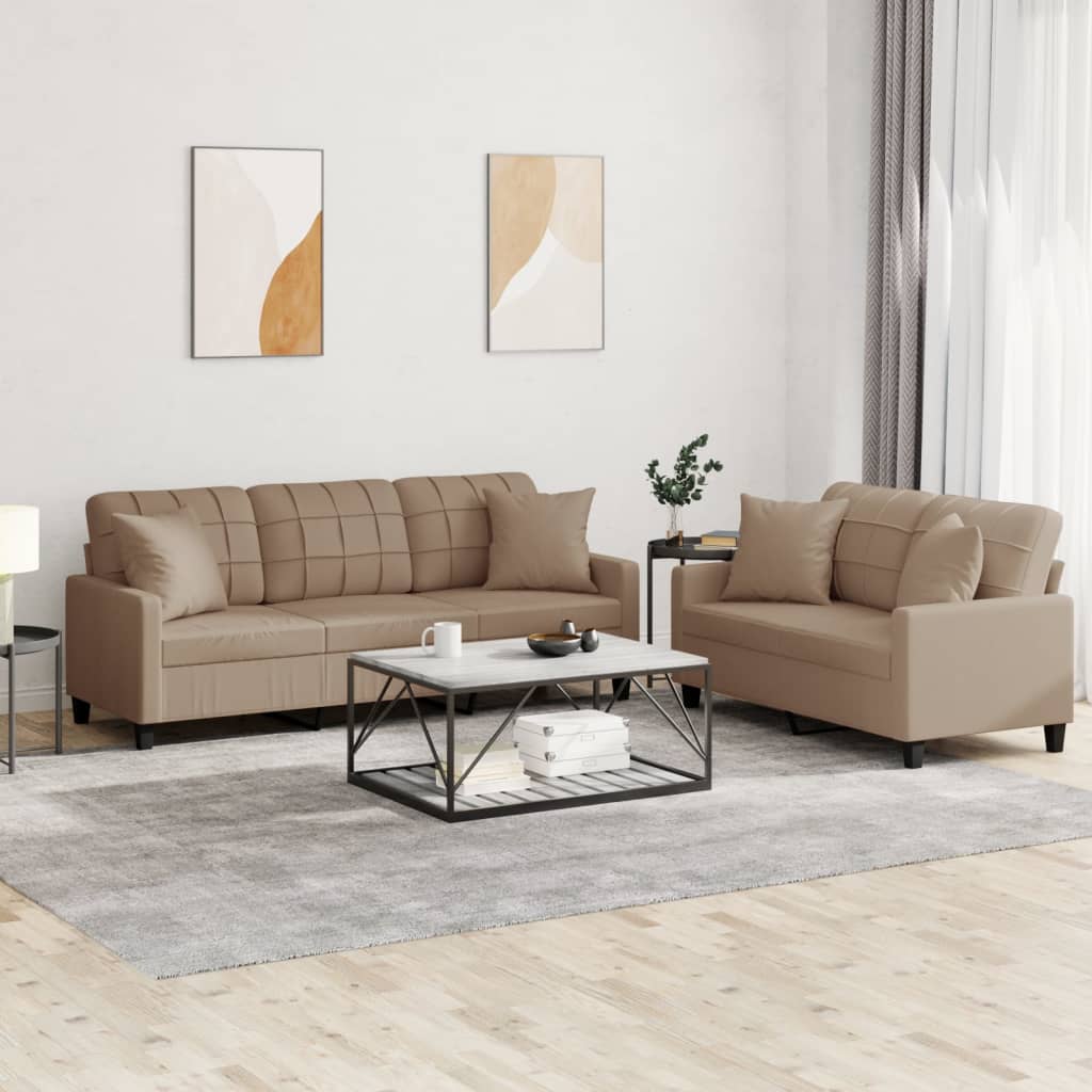 2 Pcs conjunto sofás c/ almofadas couro artificial cappuccino
