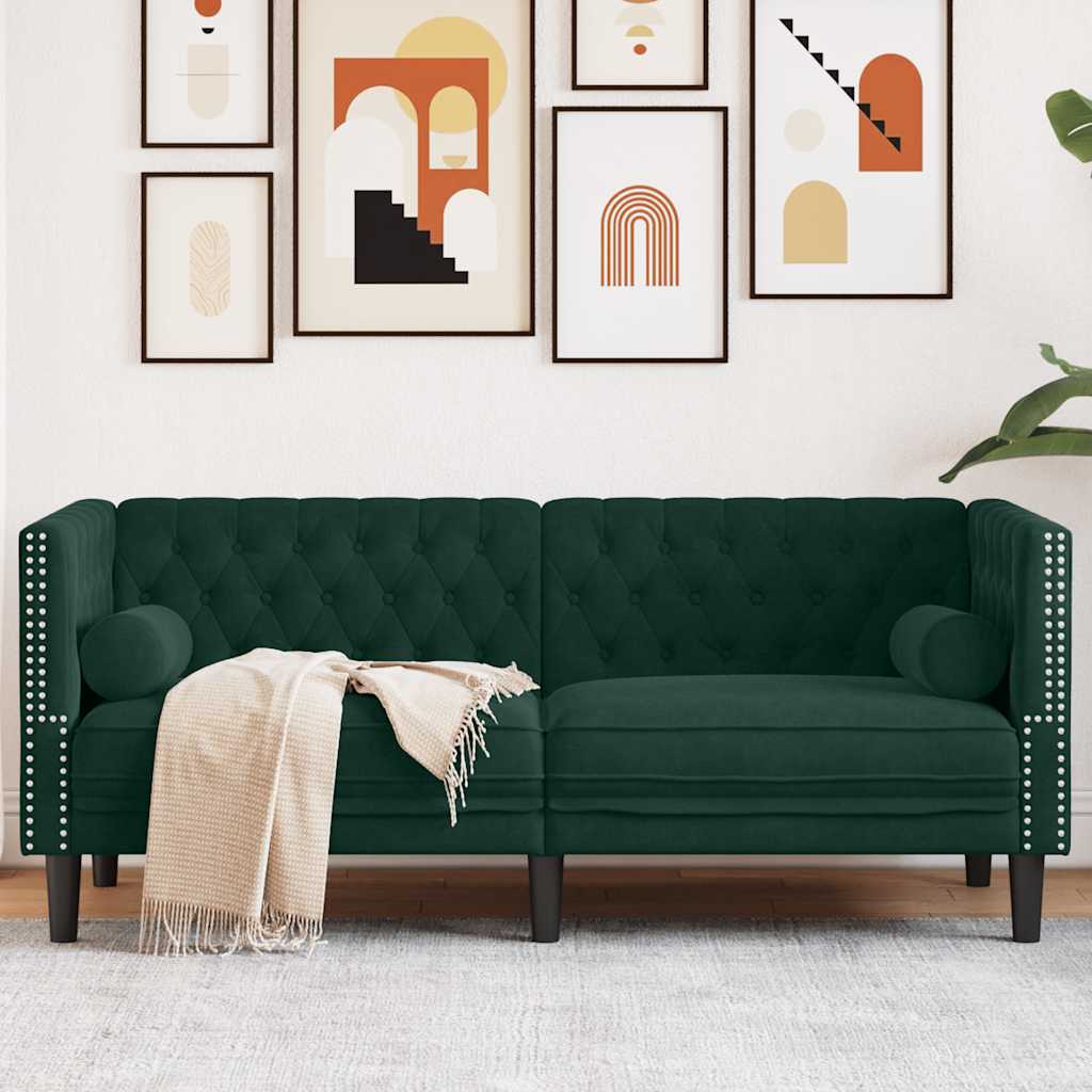 Sofá chesterfield com rolos 2 lugares veludo verde-escuro