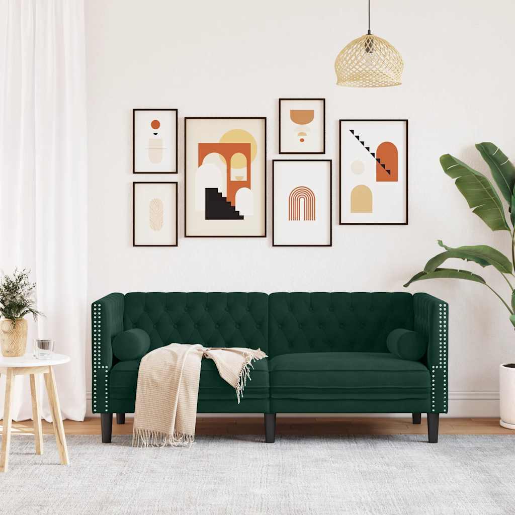 Sofá chesterfield com rolos 2 lugares veludo verde-escuro