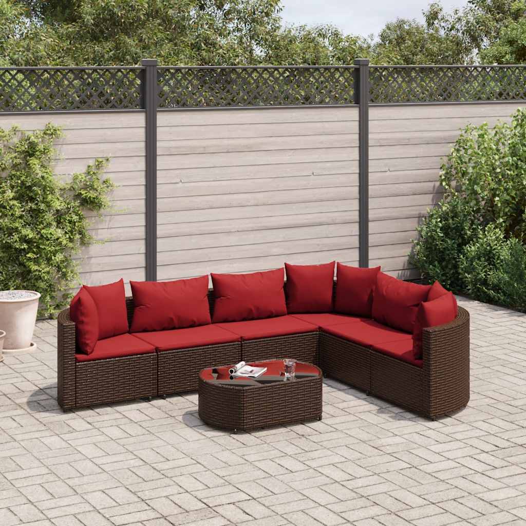 7 Pcs conjunto de sofás jardim c/ almofadões vime PE castanho