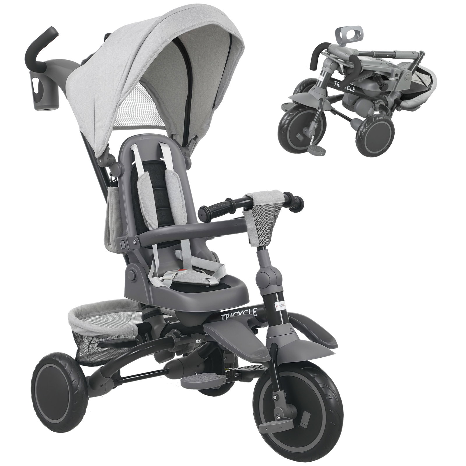 Triciclo evolutivo 6 em 1 dobrável assento giratório de 360° guidão parental encosto reclinável toldo 111,5x52x98 cm cinza
