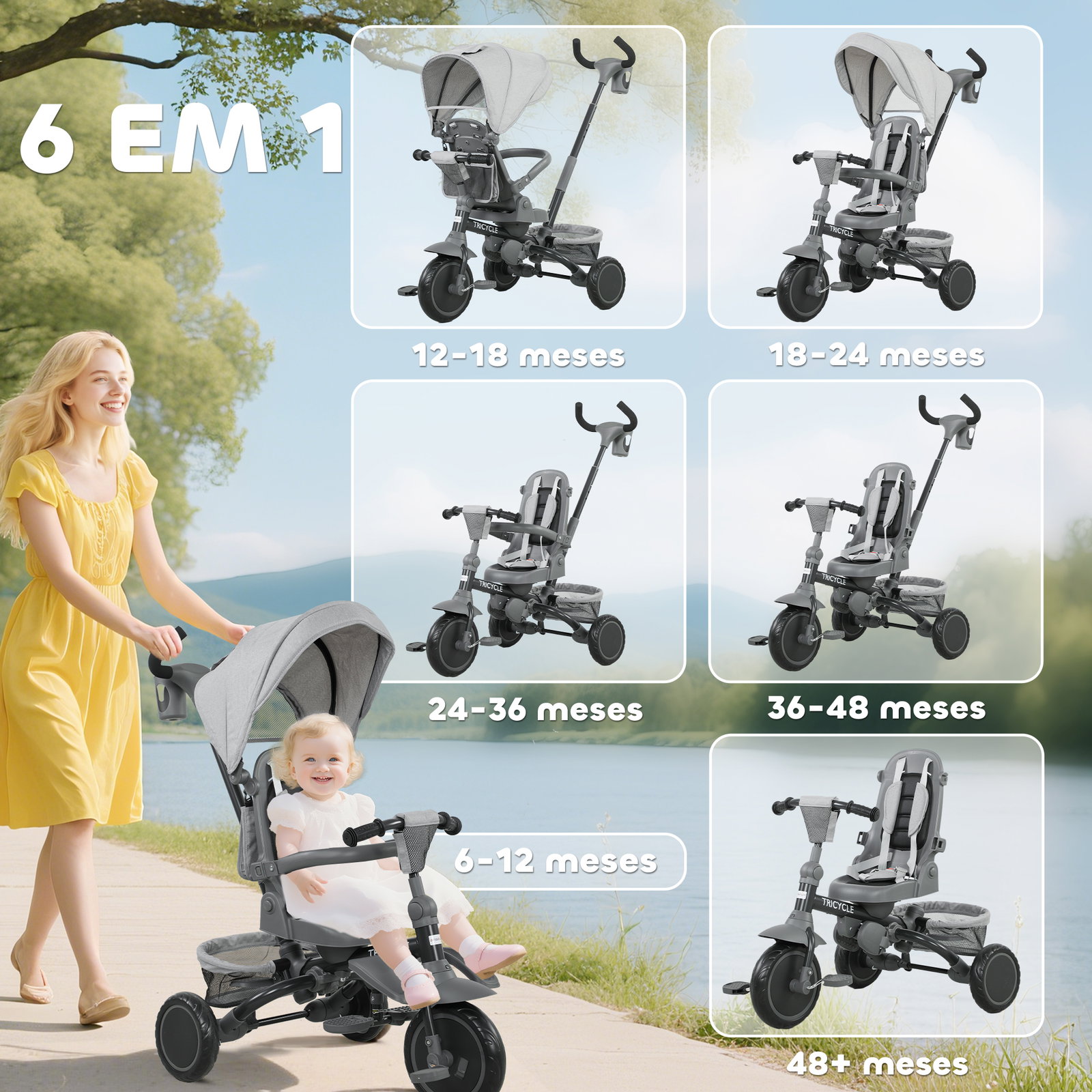 Triciclo evolutivo 6 em 1 dobrável assento giratório de 360° guidão parental encosto reclinável toldo 111,5x52x98 cm cinza