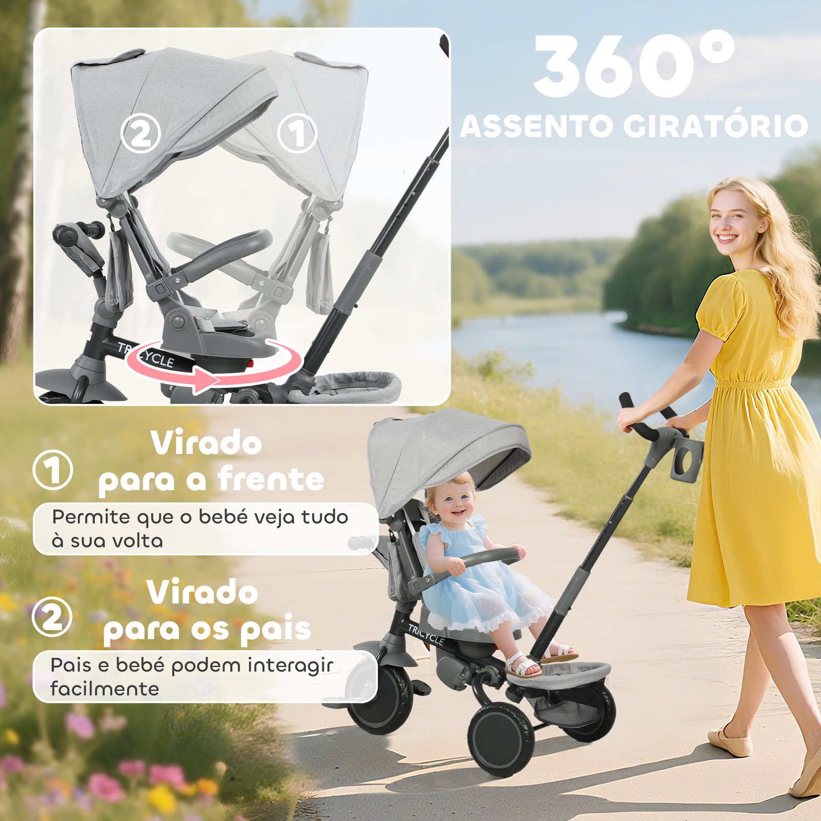 Triciclo evolutivo 6 em 1 dobrável assento giratório de 360° guidão parental encosto reclinável toldo 111,5x52x98 cm cinza
