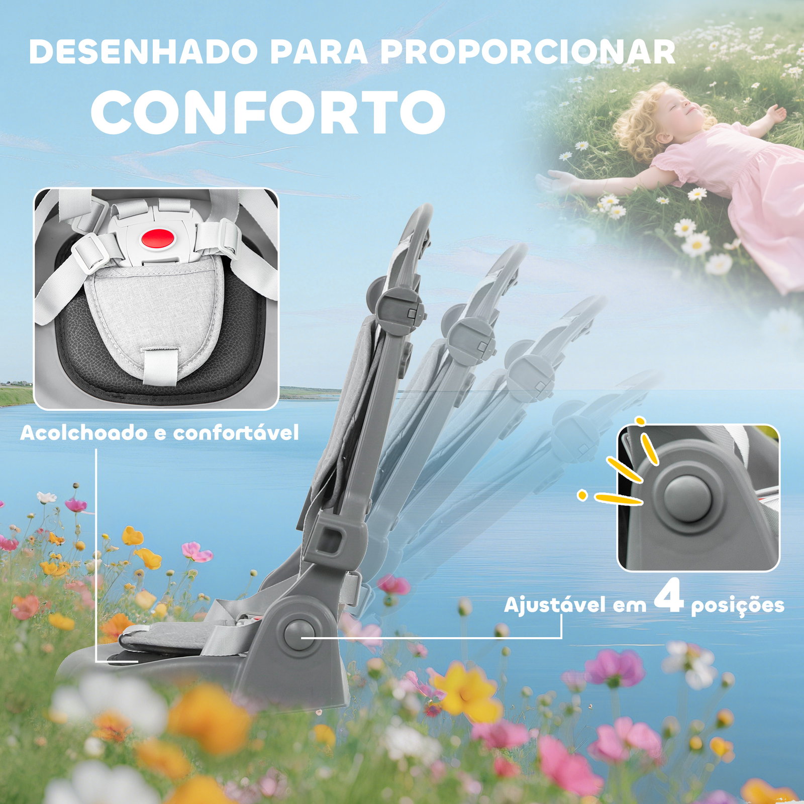 Triciclo evolutivo 6 em 1 dobrável assento giratório de 360° guidão parental encosto reclinável toldo 111,5x52x98 cm cinza
