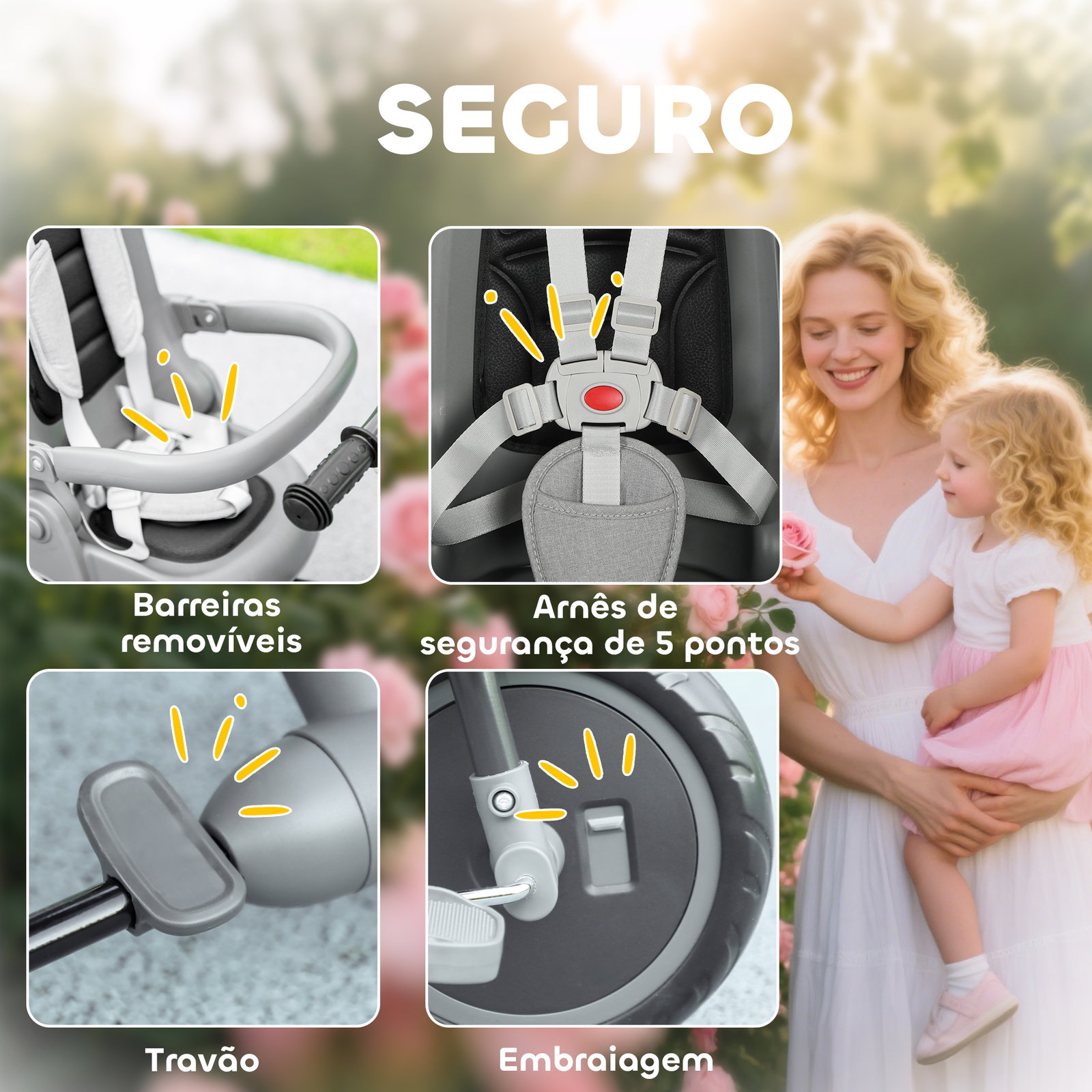 Triciclo evolutivo 6 em 1 dobrável assento giratório de 360° guidão parental encosto reclinável toldo 111,5x52x98 cm cinza