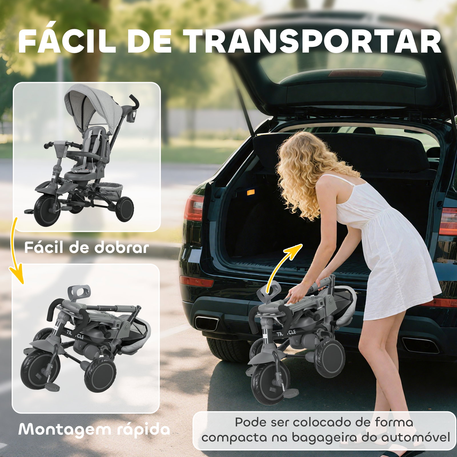 Triciclo evolutivo 6 em 1 dobrável assento giratório de 360° guidão parental encosto reclinável toldo 111,5x52x98 cm cinza