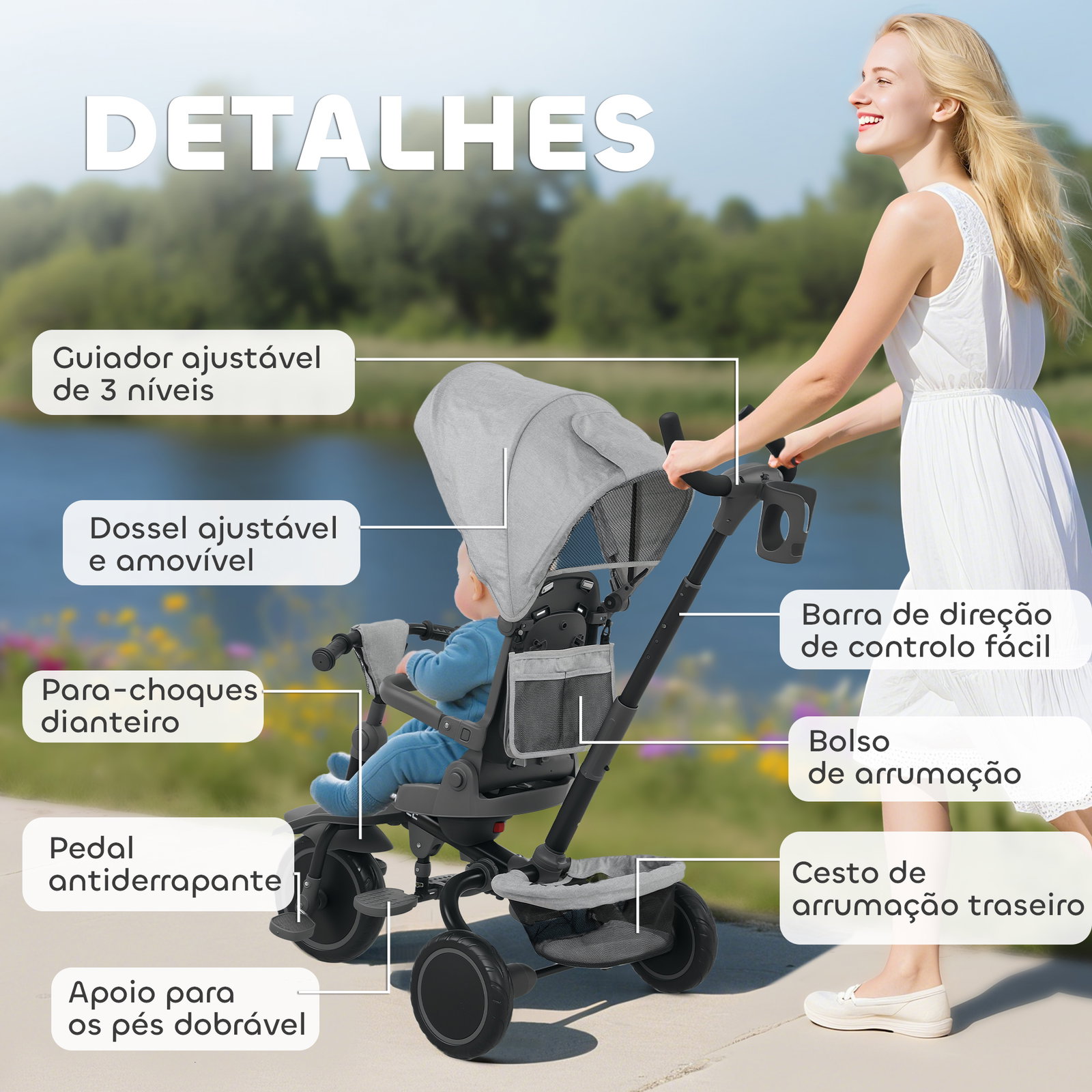 Triciclo evolutivo 6 em 1 dobrável assento giratório de 360° guidão parental encosto reclinável toldo 111,5x52x98 cm cinza