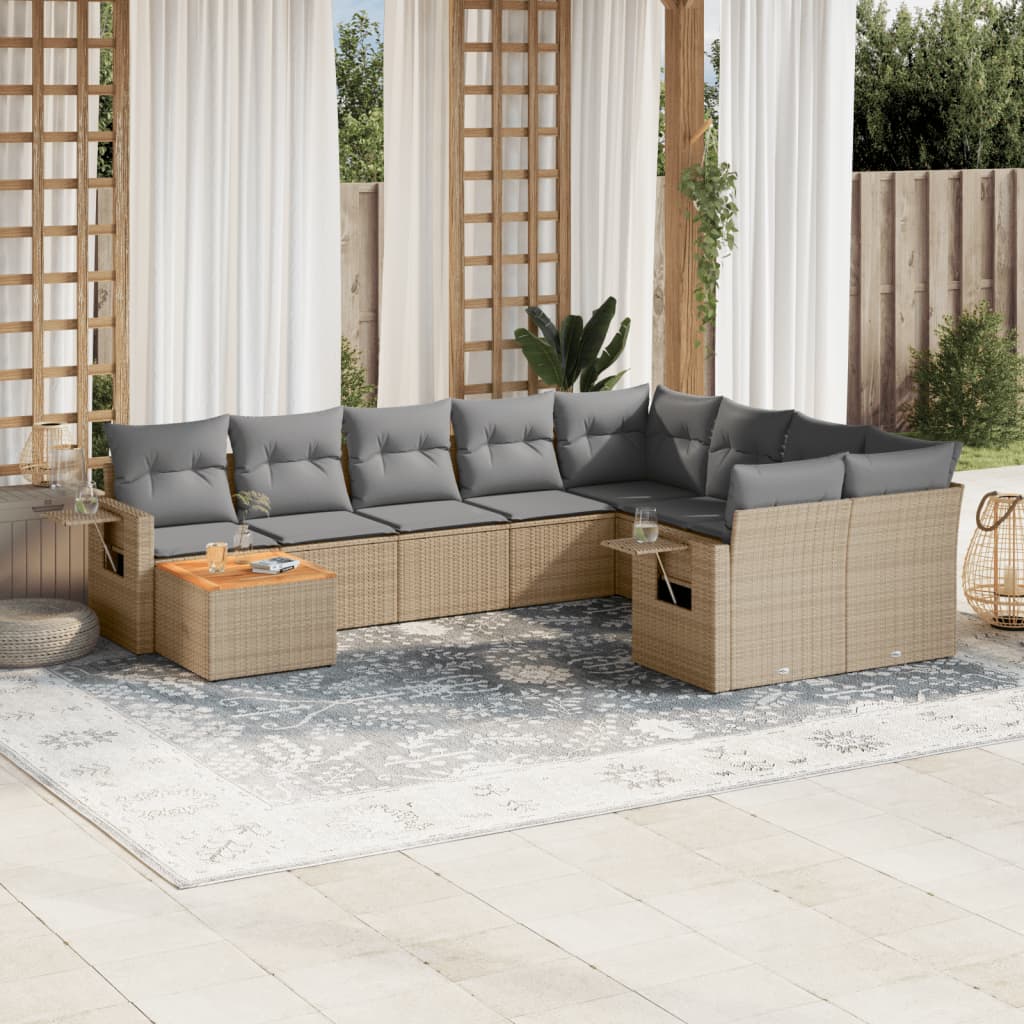 10 Pcs conjunto de sofás p/ jardim com almofadões vime PE bege