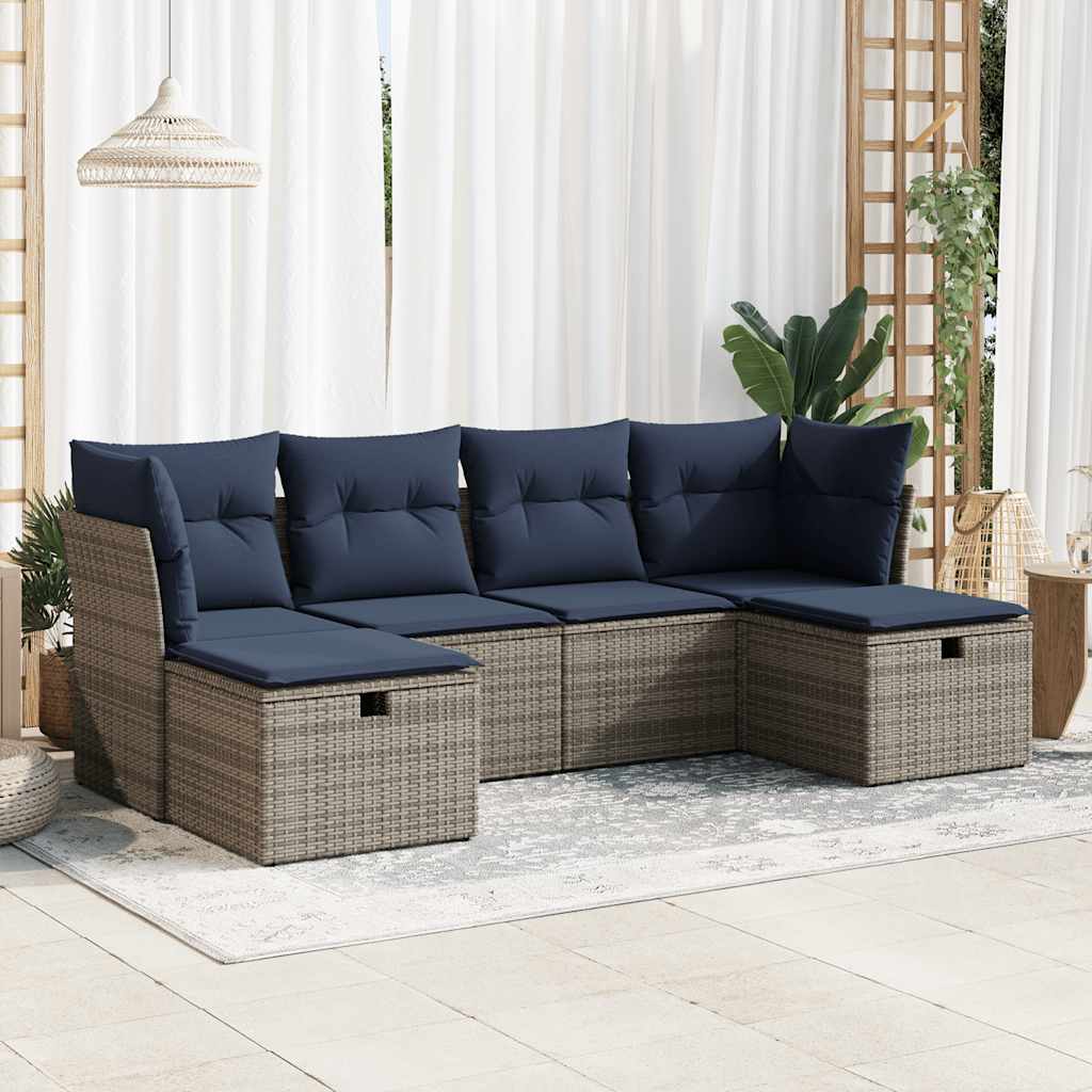 6 Pcs conjunto sofás de jardim com almofadões vime cinzento