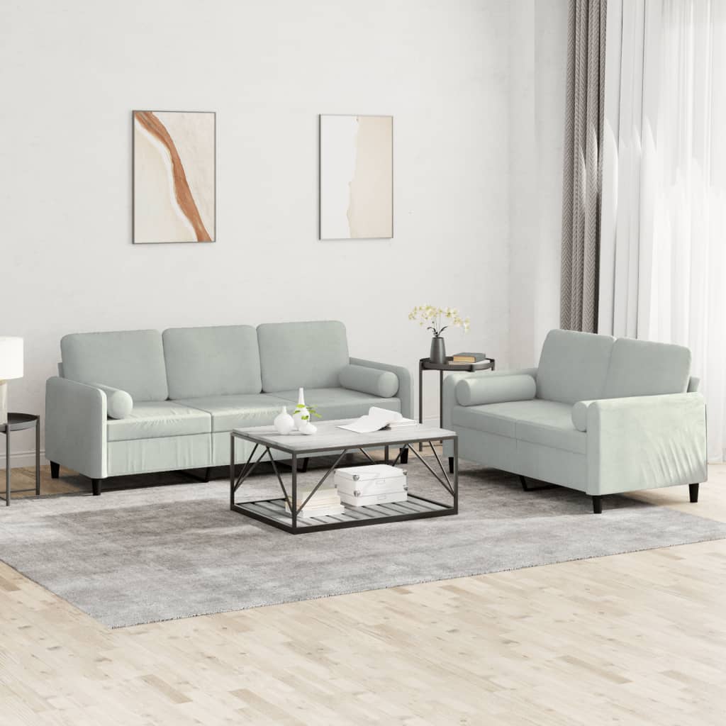 2 Pcs conjunto de sofás com almofadas veludo cinzento-claro