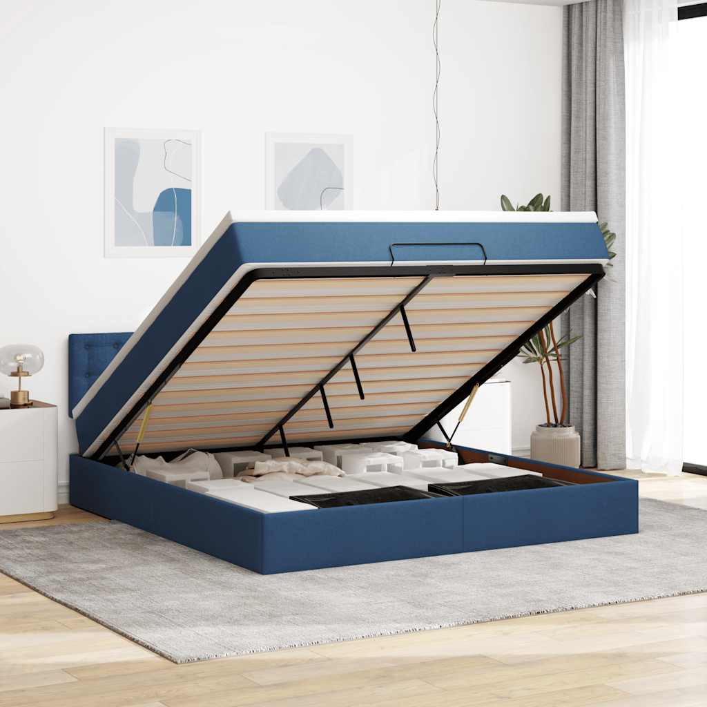 Estrutura de cama otomana com tecido azul colchão 180x200cm