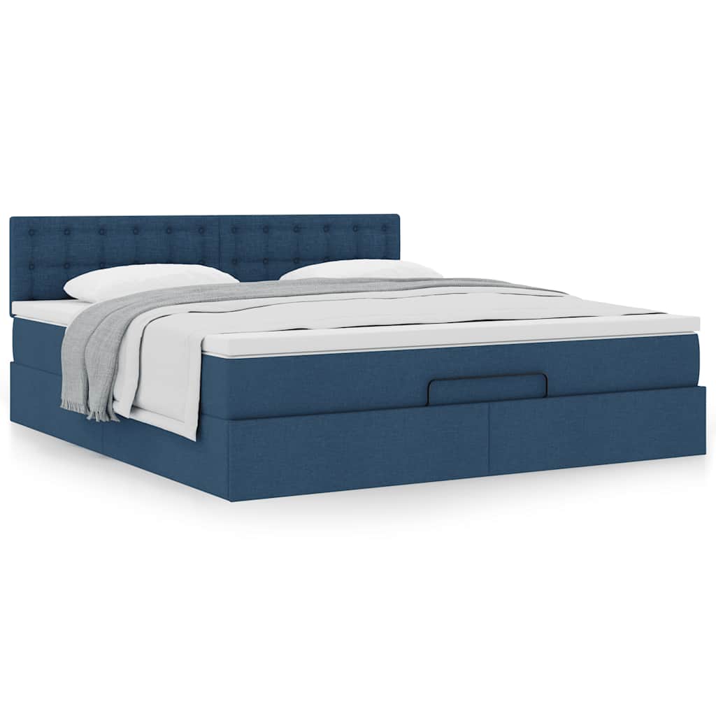 Estrutura de cama otomana com tecido azul colchão 180x200cm