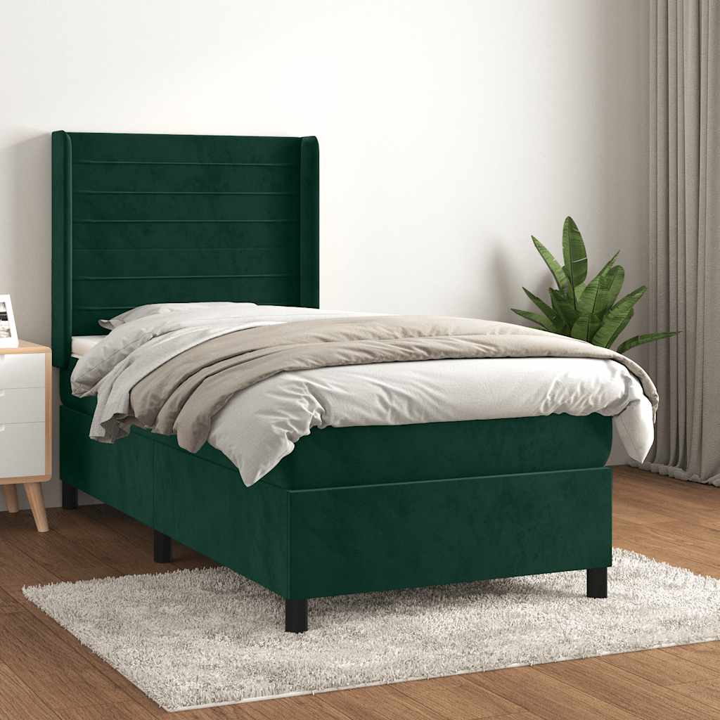 Cama com molas/colchão 90x190 cm veludo verde-escuro
