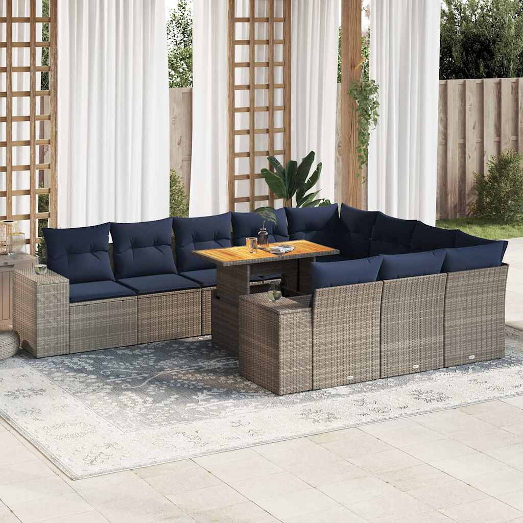 11 Pcs conjunto sofás de jardim c/ almofadões vime PE cinzento