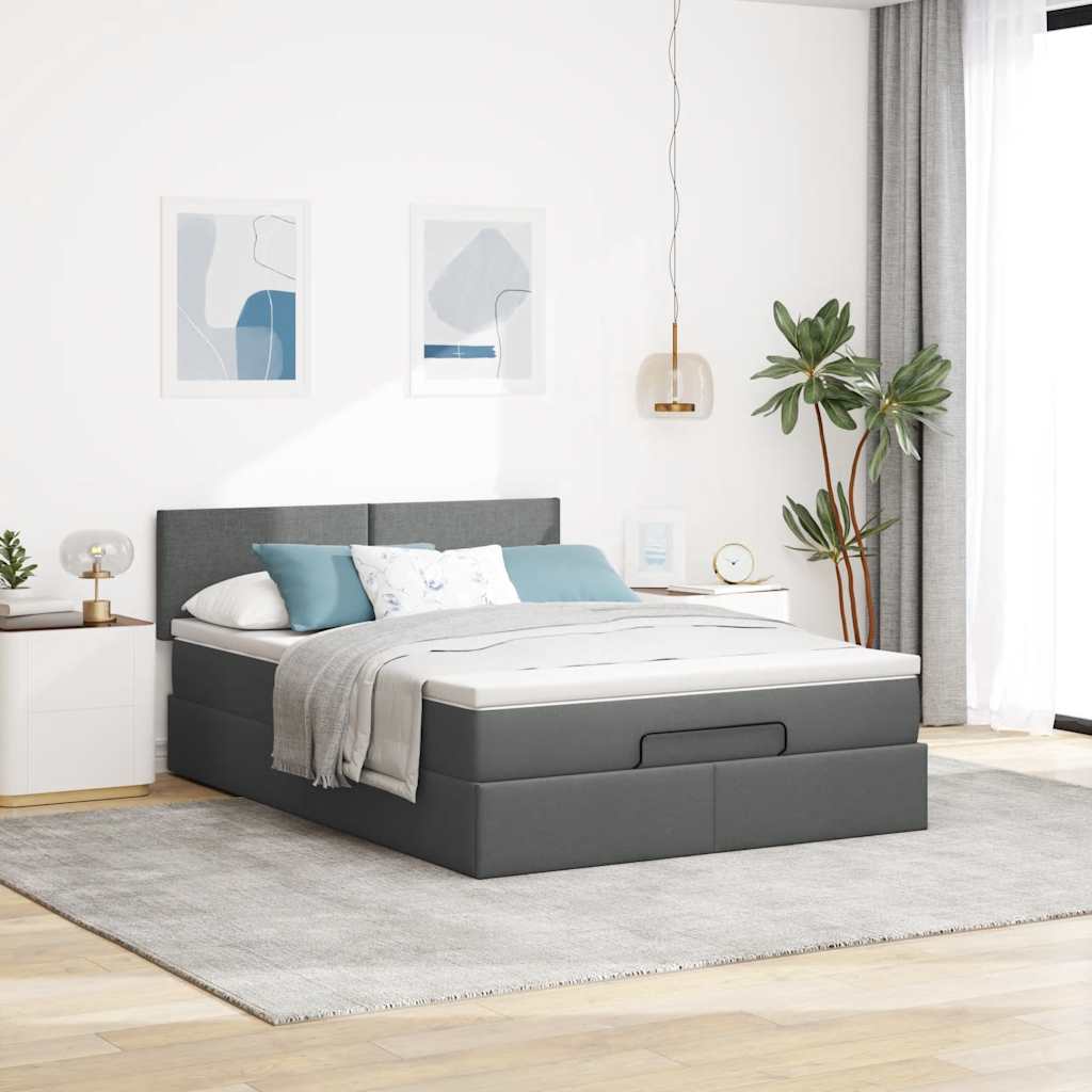 Cama otomana com colchão & leds cinzento escuro 140x190cm