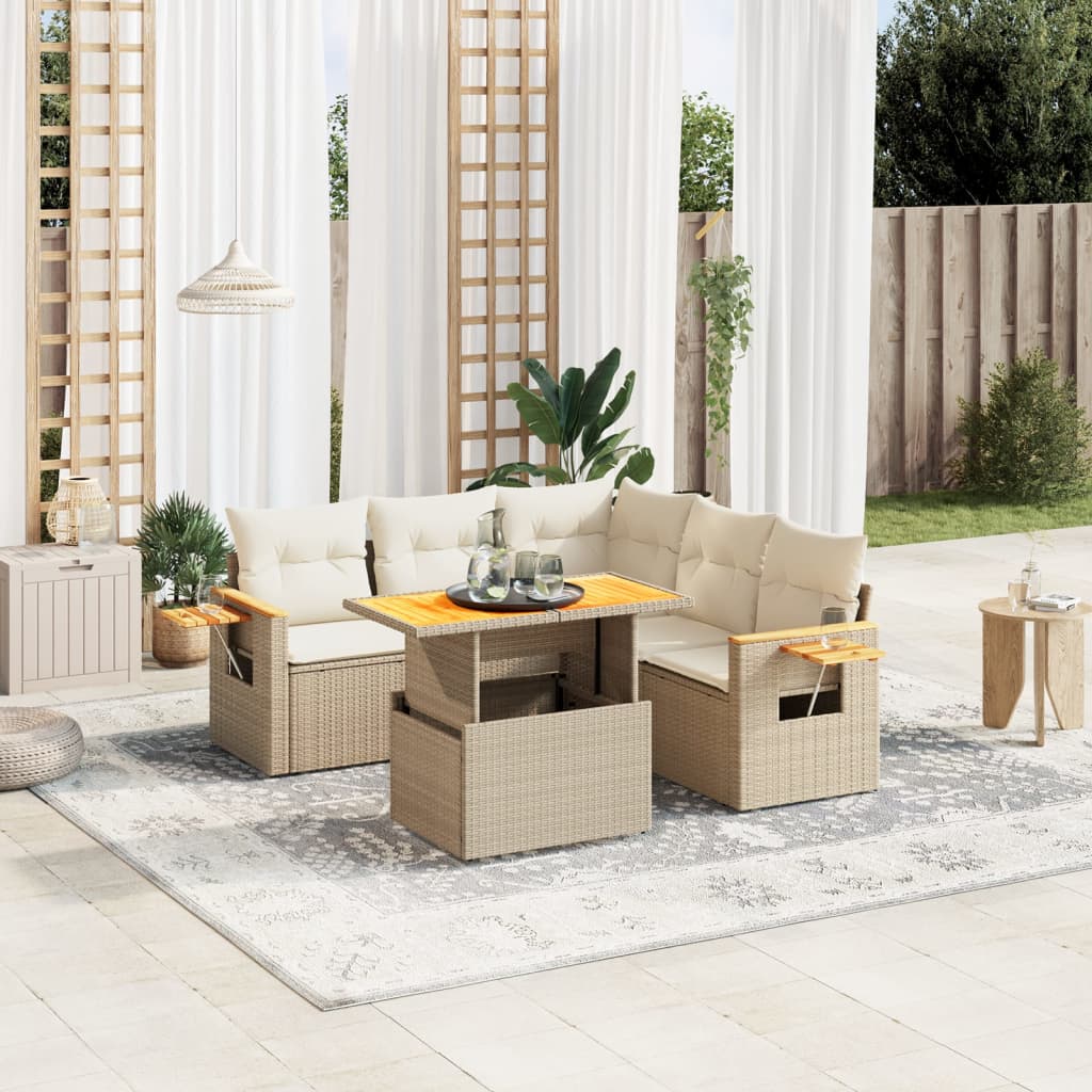 6 Pcs conjunto de sofás p/ jardim com almofadões vime PE bege