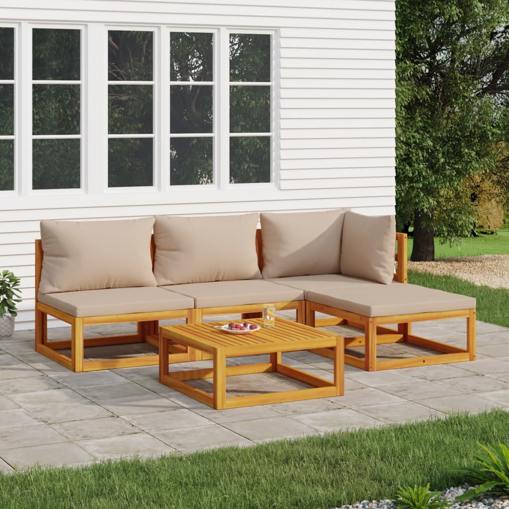 5Pcs conj. lounge jardim madeira c/almofadões cinza-acastanhado