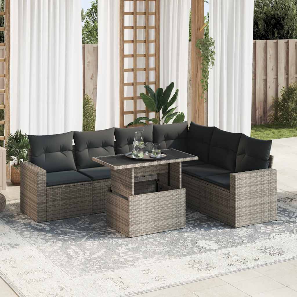 7 Pcs conjunto sofás p/ jardim c/ almofadões vime PE cinzento