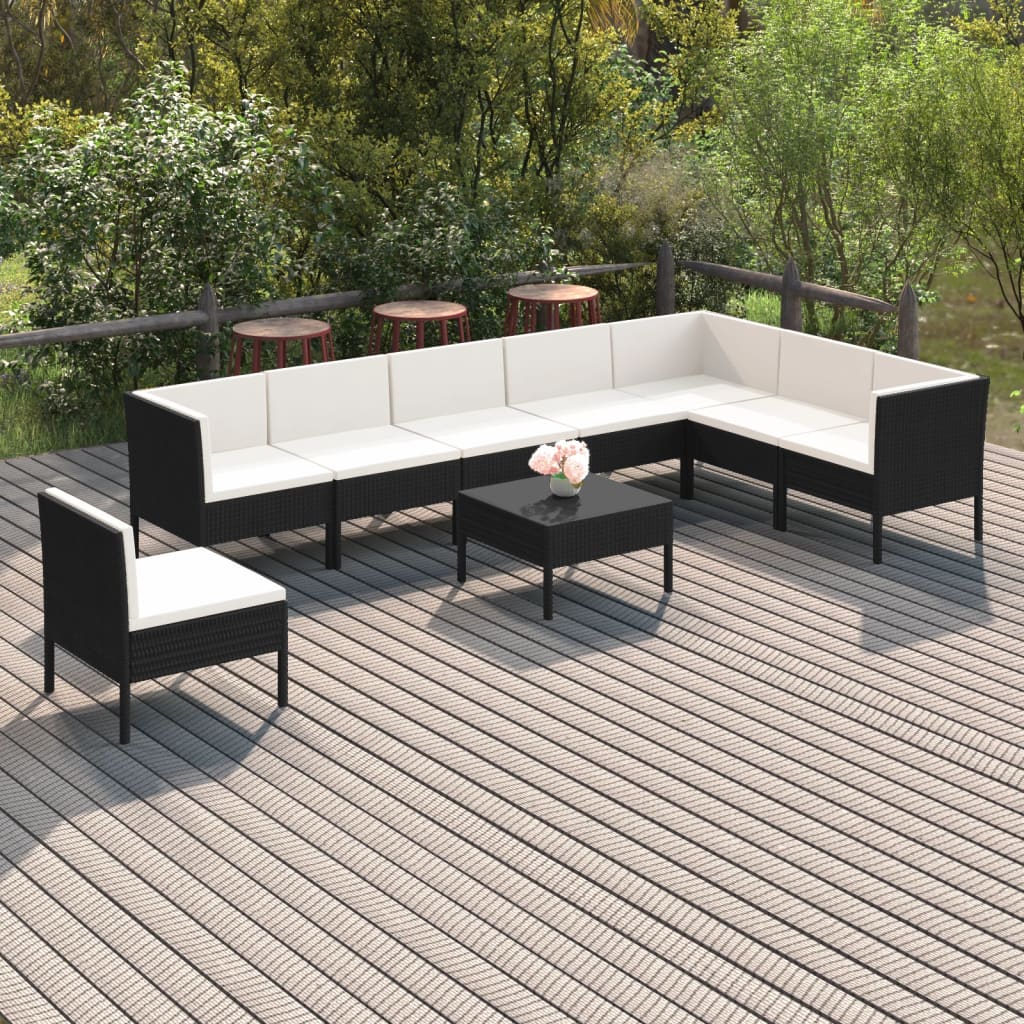 9 Pcs conjunto lounge de jardim c/ almofadões vime PE preto