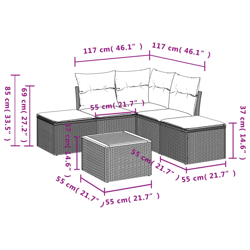 6 Pcs conjunto de sofás p/ jardim com almofadões vime PE bege