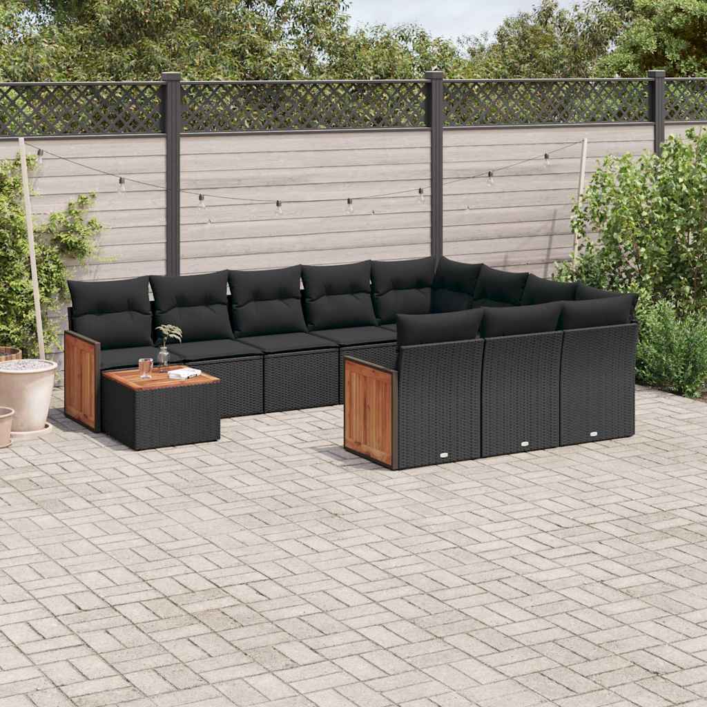 11 Pcs conjunto sofás de jardim c/ almofadões vime PE preto