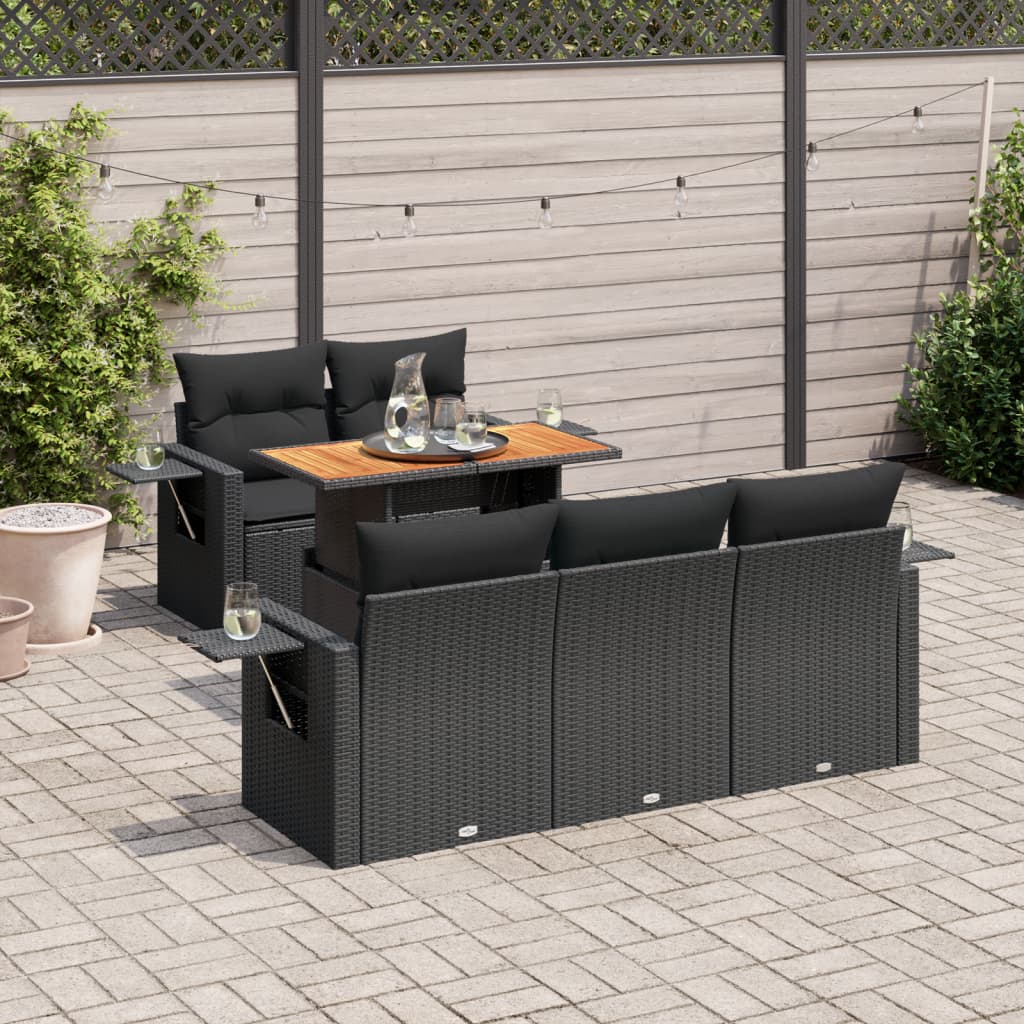 6 Pcs conjunto sofás de jardim c/ almofadões vime PE preto