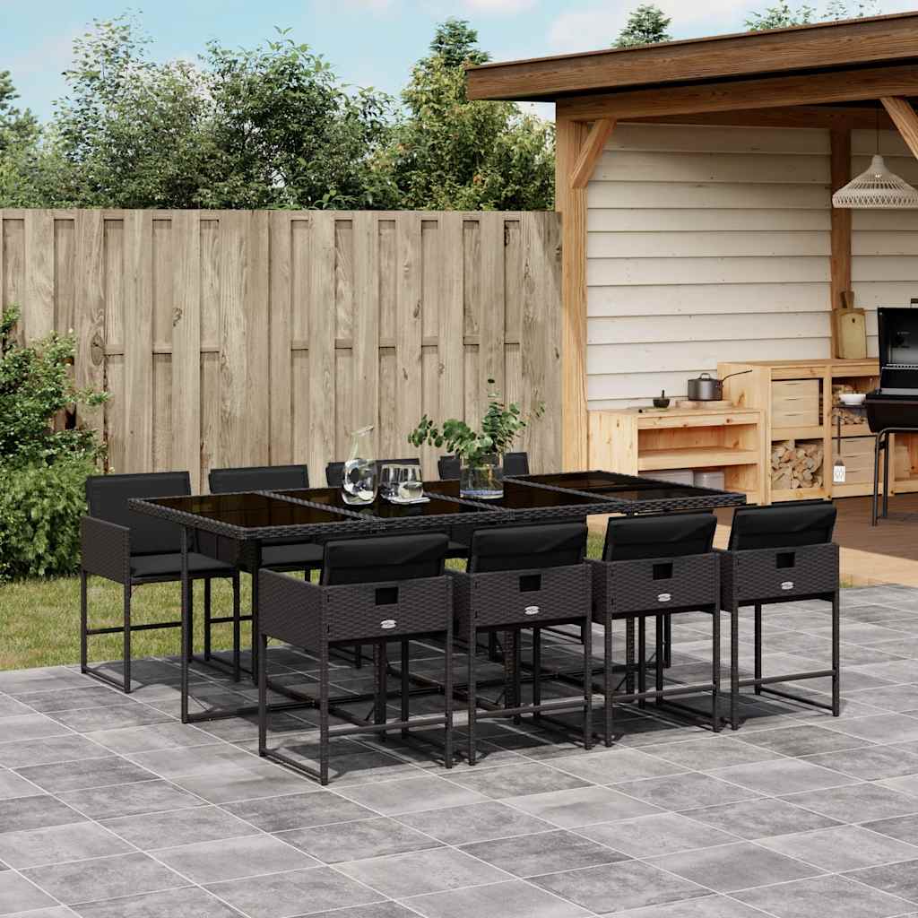 9 Pcs conjunto de jantar p/ jardim c/ almofadões vime PE preto