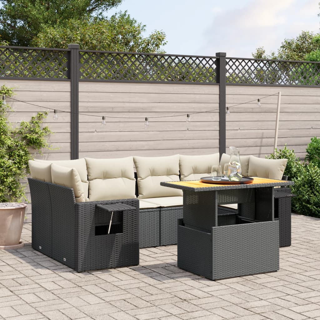7 Pcs conjunto de sofás p/ jardim c/ almofadões vime PE preto