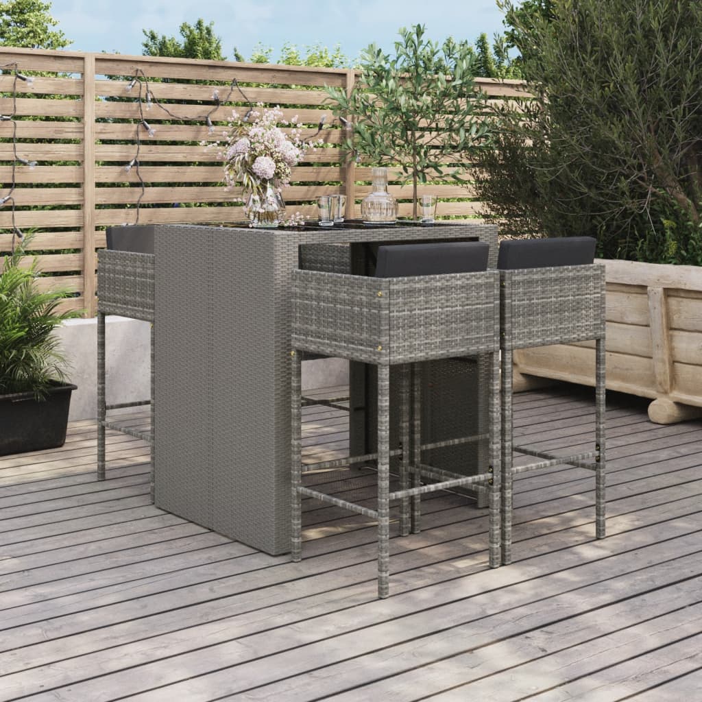 5 Pcs conjunto de bar p/ jardim c/ almofadões vime PE cinzento