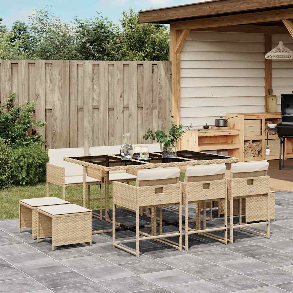11 Pcs conjunto de jantar p/ jardim com almofadões vime PE bege