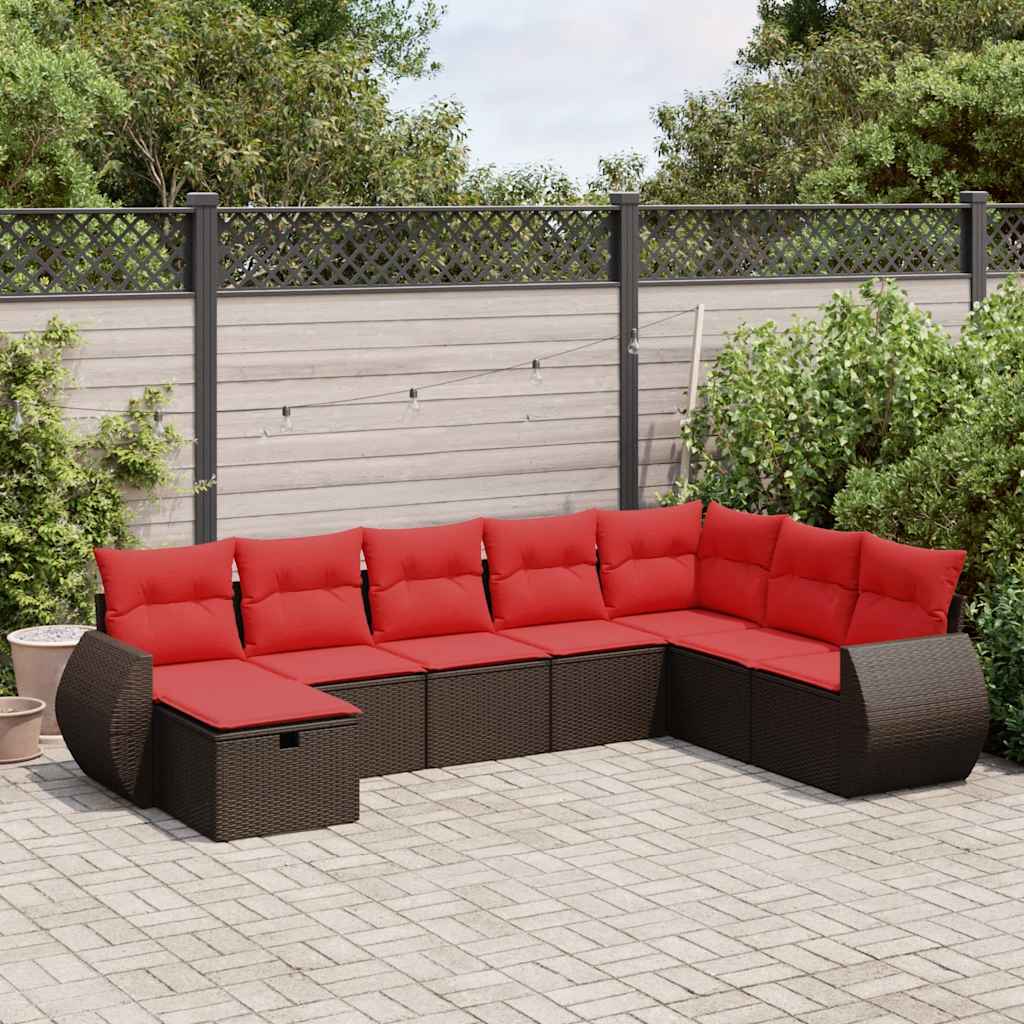 8 Pcs conjunto sofás de jardim c/ almofadões vime PE castanho