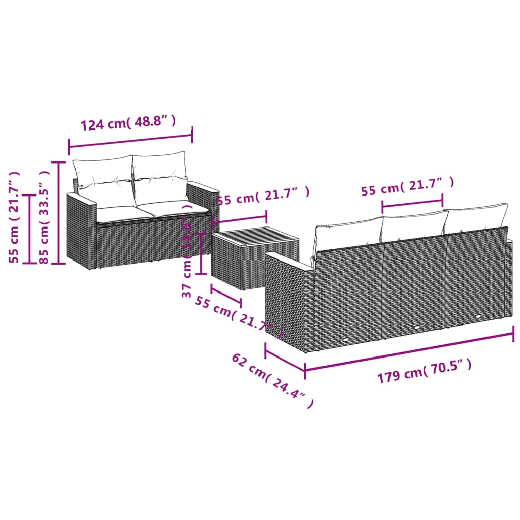 6 Pcs conjunto sofás de jardim com almofadões vime cinzento
