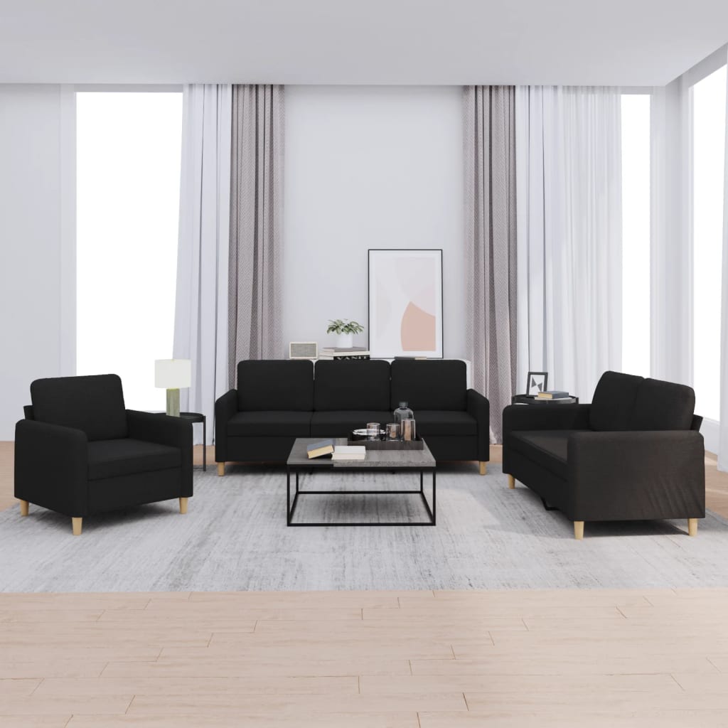 3 Pcs conjunto de sofás com almofadões tecido preto