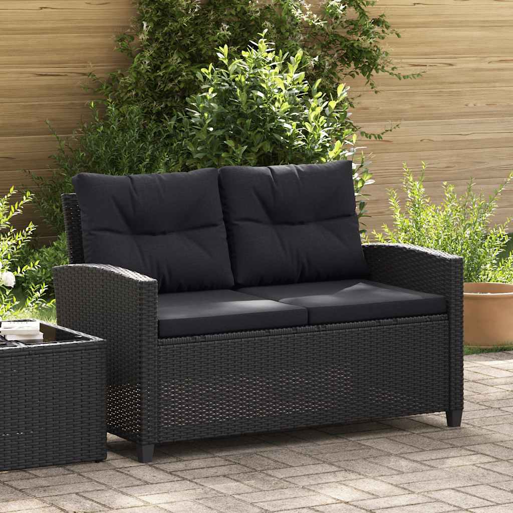 Sofá de jardim 2 lugares com almofadões 124 cm vime PE preto