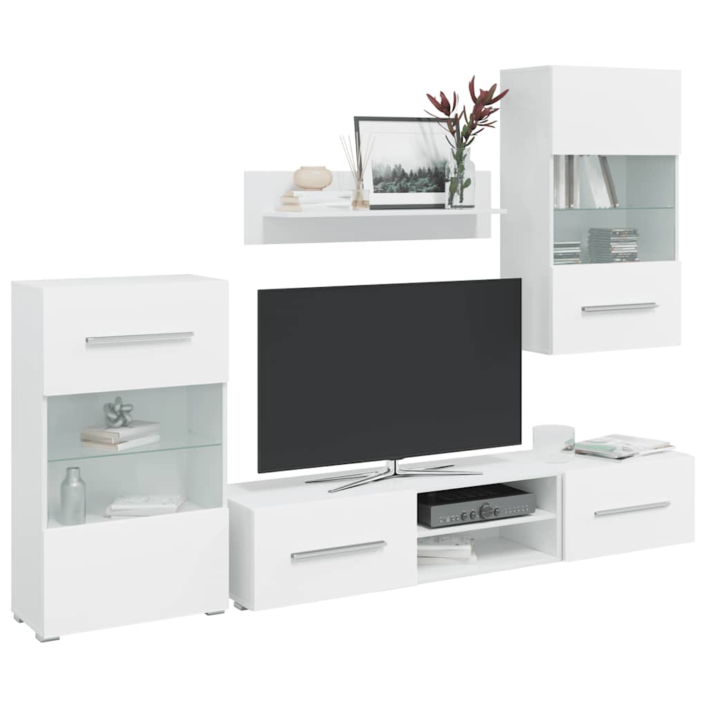 Armários de parede/unidade p/TV com luz LED, 5 pcs, branco