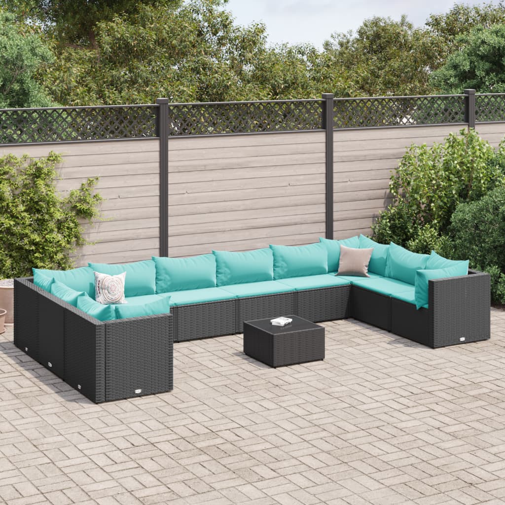 11 Pcs conjunto lounge de jardim c/ almofadões vime PE preto
