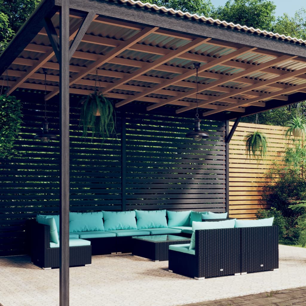 10 Pcs conjunto lounge de jardim c/ almofadões vime PE preto