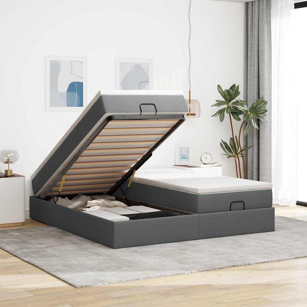 Estrutura de cama otomana com colchões tecido cinzento escuro