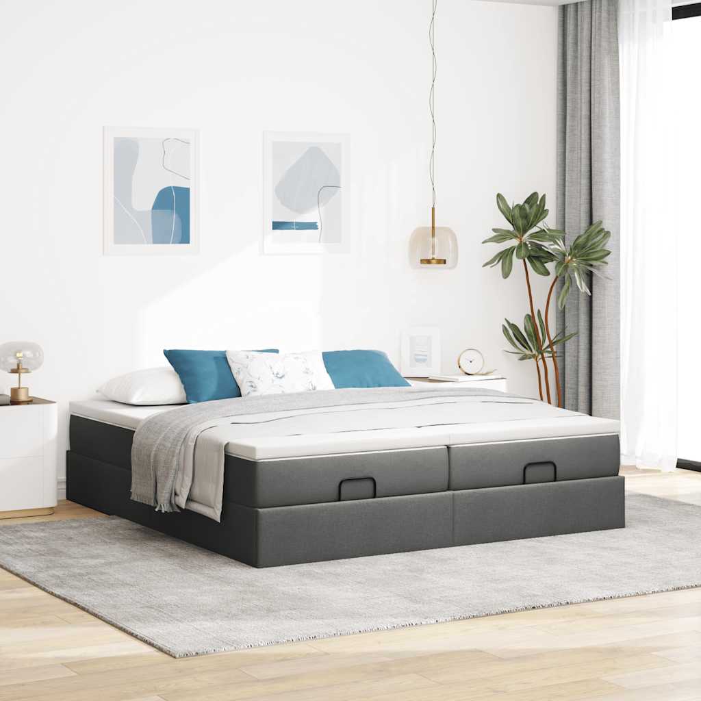 Estrutura de cama otomana com colchões tecido cinzento escuro