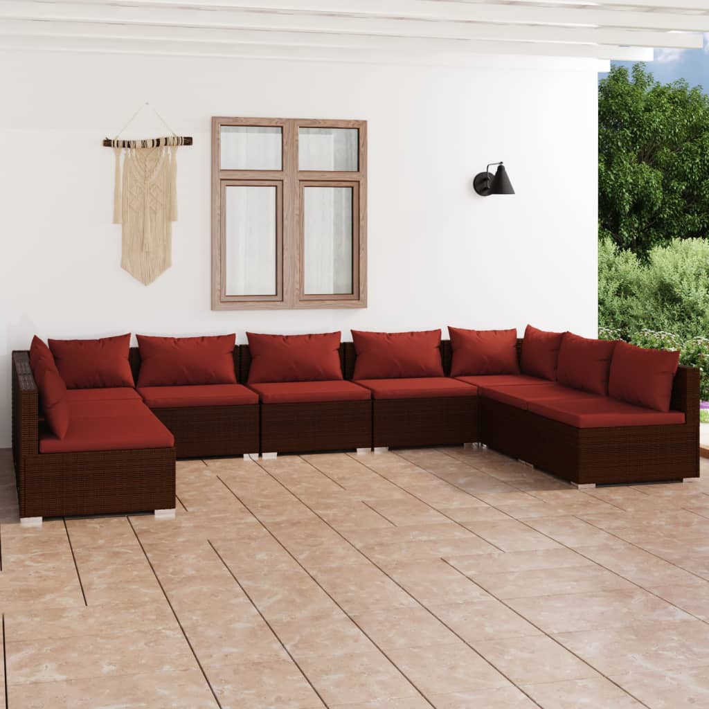 9 Pcs conjunto lounge jardim c/ almofadões vime PE castanho