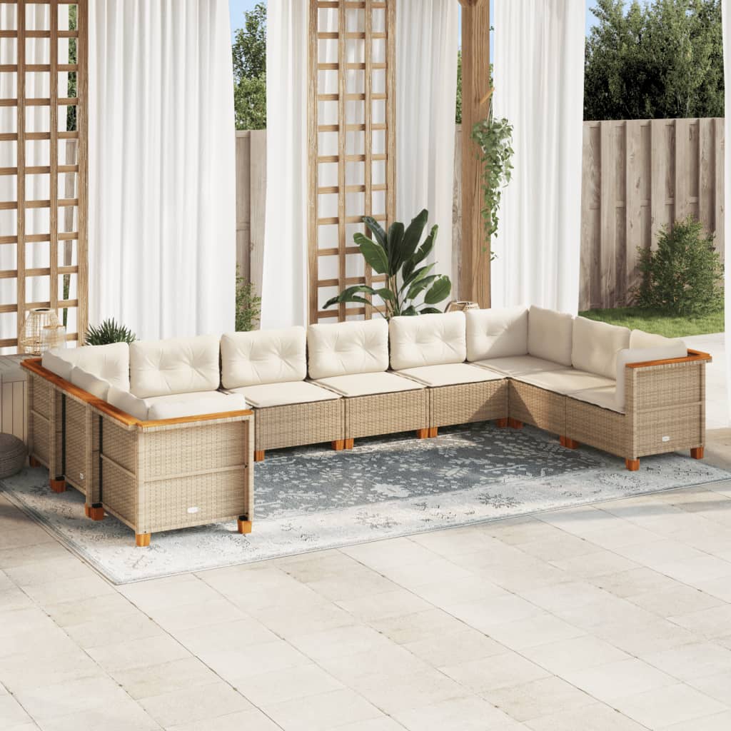 10 Pcs conjunto de sofás p/ jardim com almofadões vime PE bege