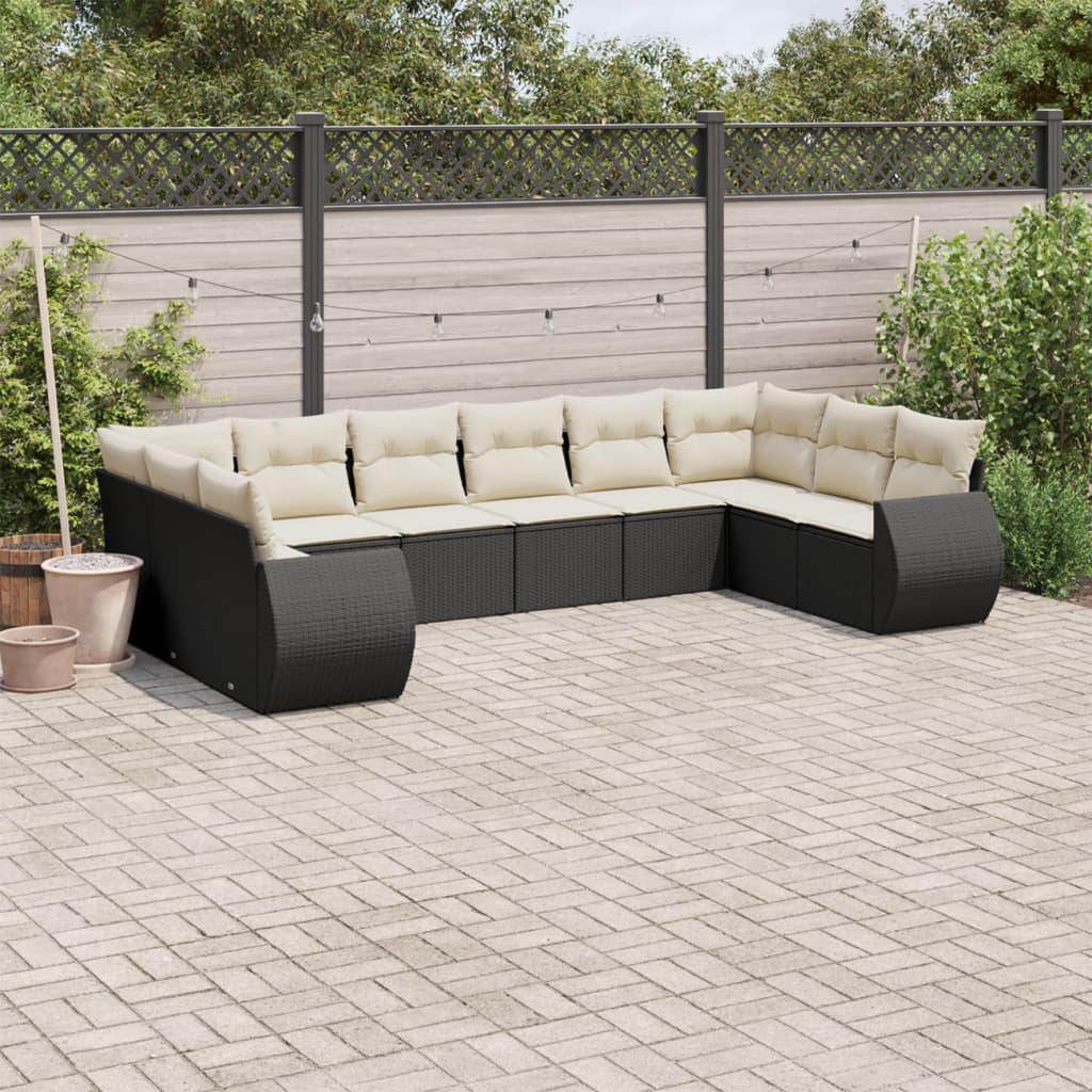 10 Pcs conjunto sofás de jardim c/ almofadões vime PE preto