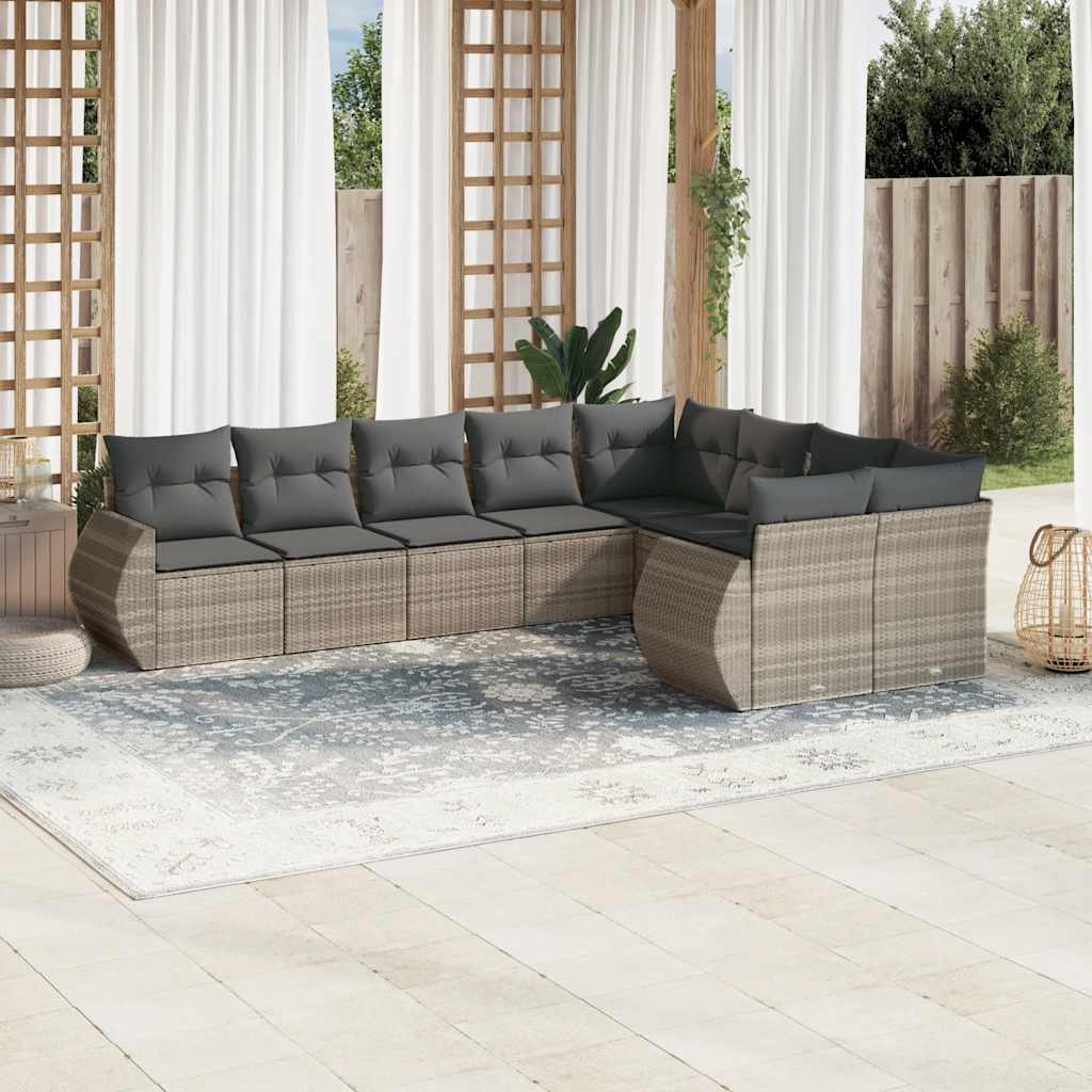9 Pcs conj. sofás jardim com almofadões vime PE cinzento-claro